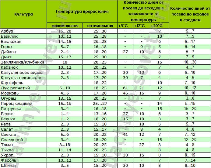 Таблица: сколько дней всходят семена культур